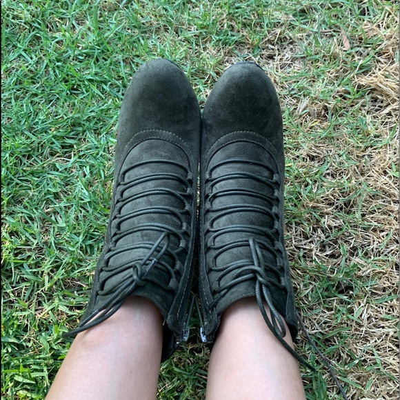 Olive Faux Suede Ankle Booties - Picture 3 of 6